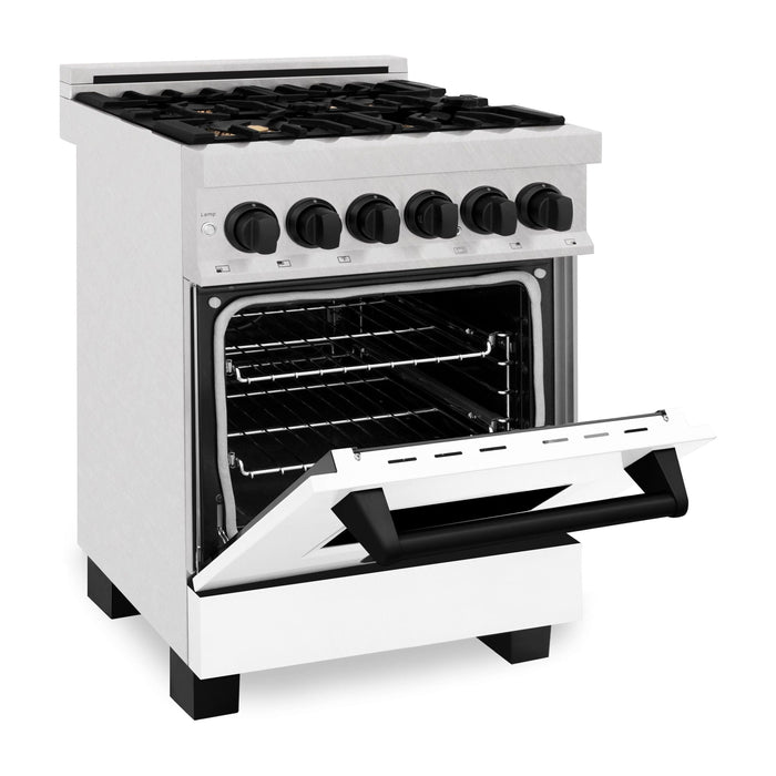 ZLINE Autograph Edition 24 in. Range with Gas Stove and Electric Oven In DuraSnow with White Matte Door and Matte Black Accents RASZ-WM-24-MB