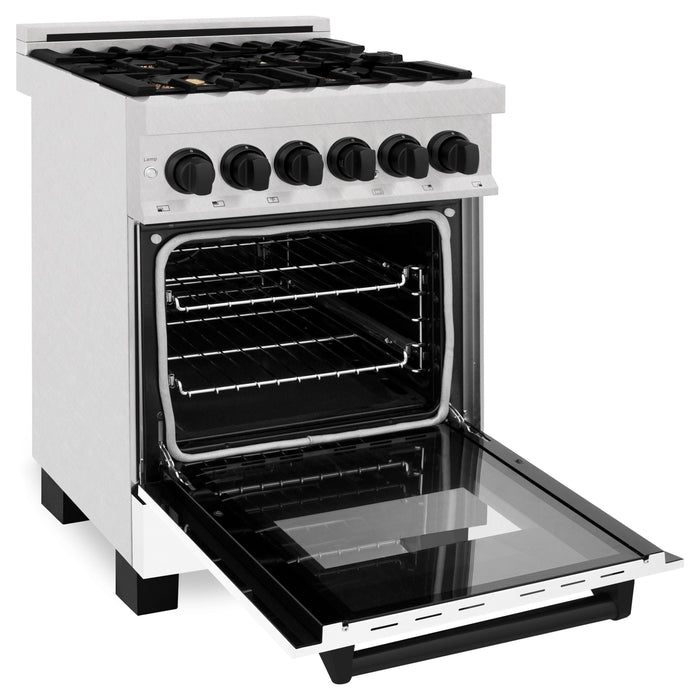 ZLINE Autograph Edition 24 in. Range with Gas Stove and Electric Oven In DuraSnow with White Matte Door and Matte Black Accents RASZ-WM-24-MB