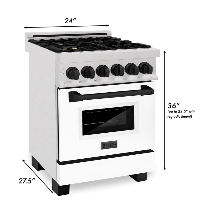 ZLINE Autograph Edition 24 in. Range with Gas Stove and Electric Oven In DuraSnow with White Matte Door and Matte Black Accents RASZ-WM-24-MB