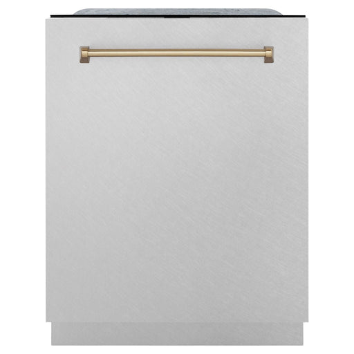 ZLINE Autograph Edition 24 in. Tall Dishwasher, Touch Control in DuraSnow® Stainless Steel with Champagne Bronze Handle, DWMTZ-SN-24-CB