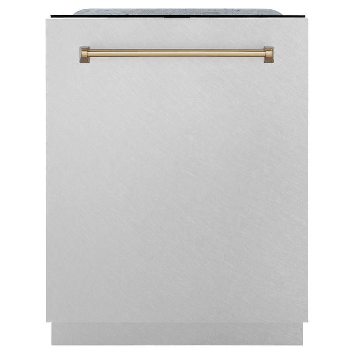 ZLINE Autograph Edition 24 in. Tall Dishwasher, Touch Control in DuraSnow® Stainless Steel with Champagne Bronze Handle, DWMTZ-SN-24-CB