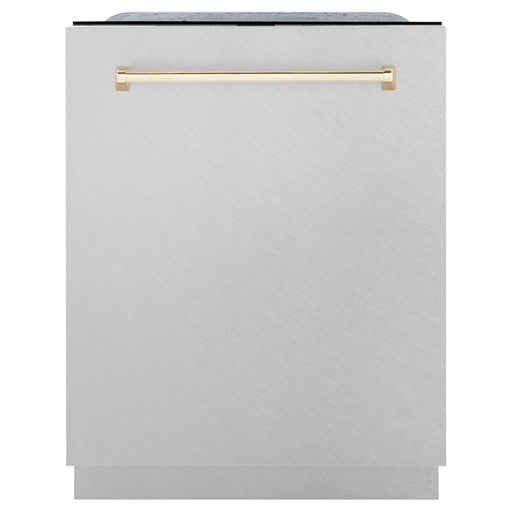 ZLINE Autograph Edition 24 in. Tall Dishwasher, Touch Control in DuraSnow® Stainless Steel with Gold Handle, DWMTZ-SN-24-G