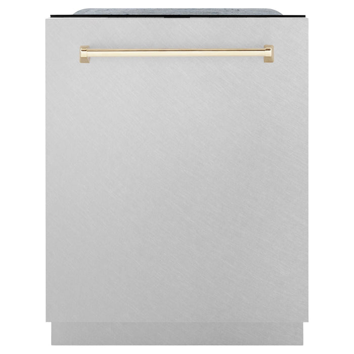 ZLINE Autograph Edition 24 in. Tall Dishwasher, Touch Control in DuraSnow® Stainless Steel with Gold Handle, DWMTZ-SN-24-G