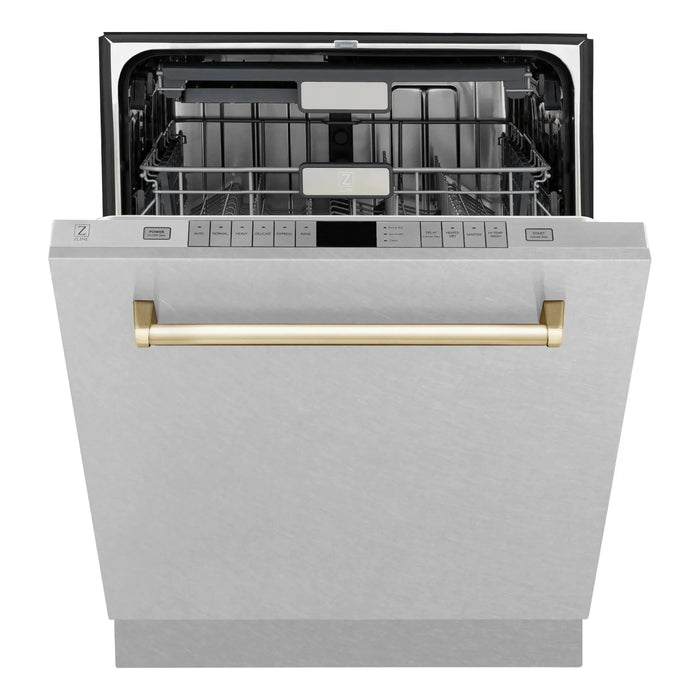 ZLINE Autograph Edition 24 in. Tall Dishwasher, Touch Control in DuraSnow® Stainless Steel with Gold Handle, DWMTZ-SN-24-G