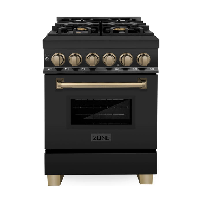 ZLINE Autograph Edition 24 Inch 2.8 cu. ft. Dual Fuel Range with Gas Stove and Electric Oven In Black Stainless Steel with Champagne Bronze Accents RABZ-24-CB