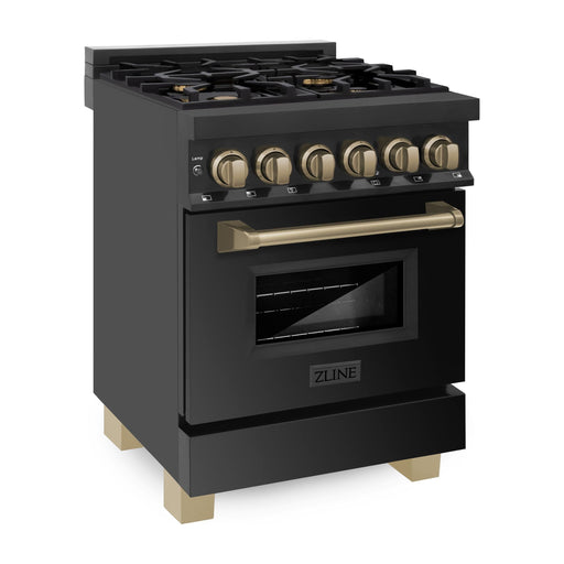 ZLINE Autograph Edition 24 Inch 2.8 cu. ft. Dual Fuel Range with Gas Stove and Electric Oven In Black Stainless Steel with Champagne Bronze Accents RABZ-24-CB