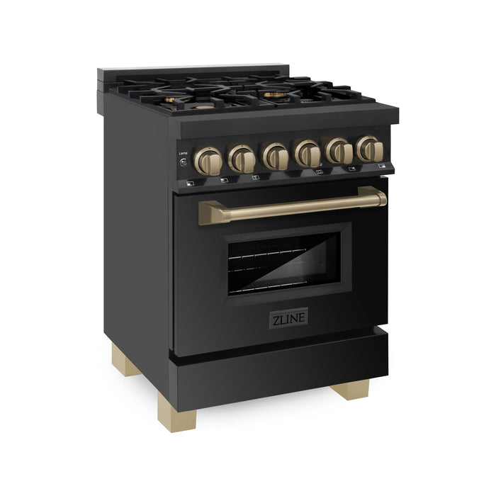 ZLINE Autograph Edition 24 Inch 2.8 cu. ft. Dual Fuel Range with Gas Stove and Electric Oven In Black Stainless Steel with Champagne Bronze Accents RABZ-24-CB