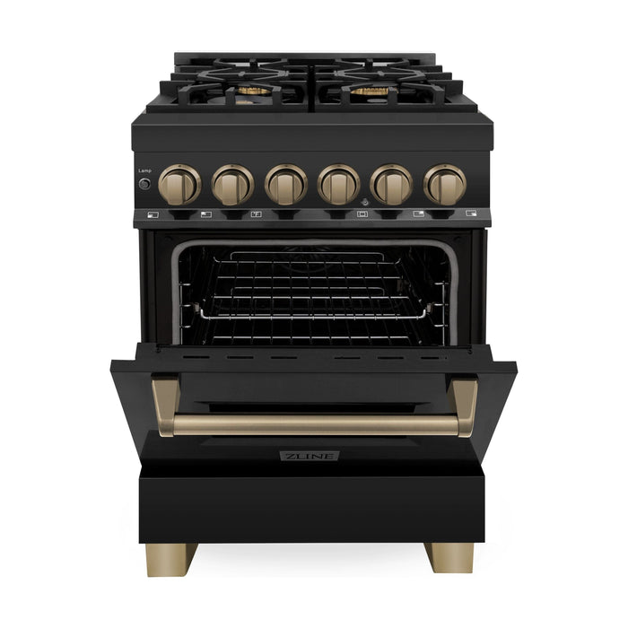 ZLINE Autograph Edition 24 Inch 2.8 cu. ft. Dual Fuel Range with Gas Stove and Electric Oven In Black Stainless Steel with Champagne Bronze Accents RABZ-24-CB