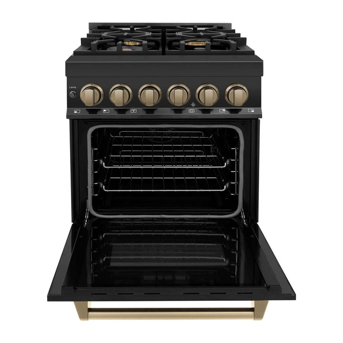 ZLINE Autograph Edition 24 Inch 2.8 cu. ft. Dual Fuel Range with Gas Stove and Electric Oven In Black Stainless Steel with Champagne Bronze Accents RABZ-24-CB