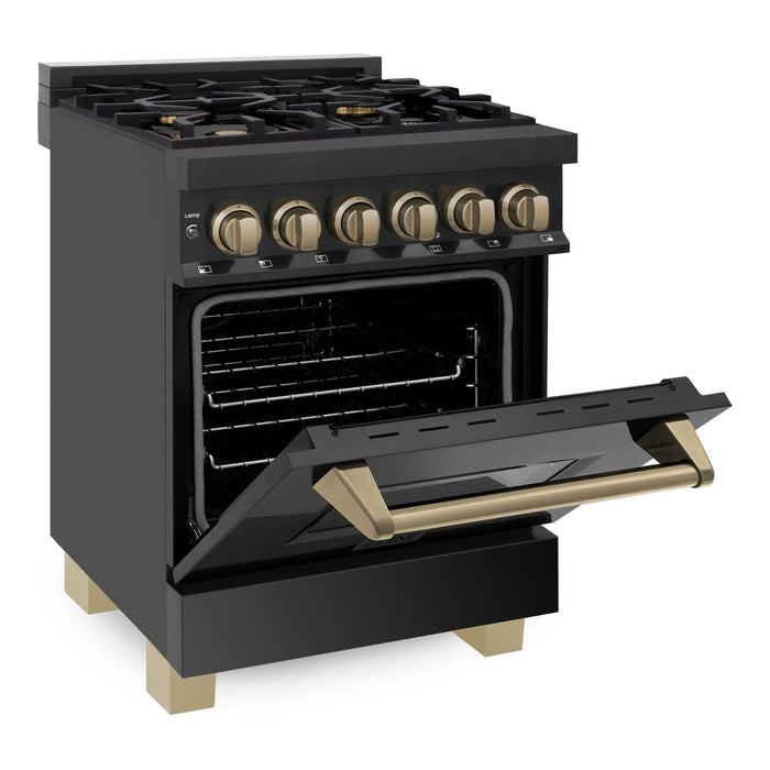 ZLINE Autograph Edition 24 Inch 2.8 cu. ft. Dual Fuel Range with Gas Stove and Electric Oven In Black Stainless Steel with Champagne Bronze Accents RABZ-24-CB