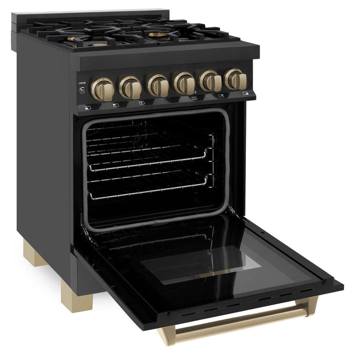 ZLINE Autograph Edition 24 Inch 2.8 cu. ft. Dual Fuel Range with Gas Stove and Electric Oven In Black Stainless Steel with Champagne Bronze Accents RABZ-24-CB