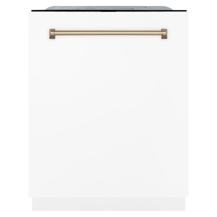 ZLINE Autograph Edition 24 inch Tall Dishwasher, Touch Control, in White Matte with Champagne Bronze Handle, DWMTZ-WM-24-CB