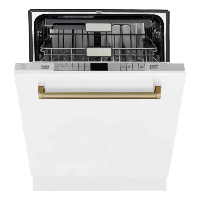 ZLINE Autograph Edition 24 inch Tall Dishwasher, Touch Control, in White Matte with Champagne Bronze Handle, DWMTZ-WM-24-CB