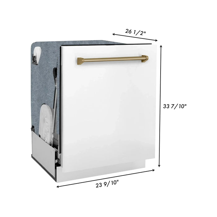 ZLINE Autograph Edition 24 inch Tall Dishwasher, Touch Control, in White Matte with Champagne Bronze Handle, DWMTZ-WM-24-CB