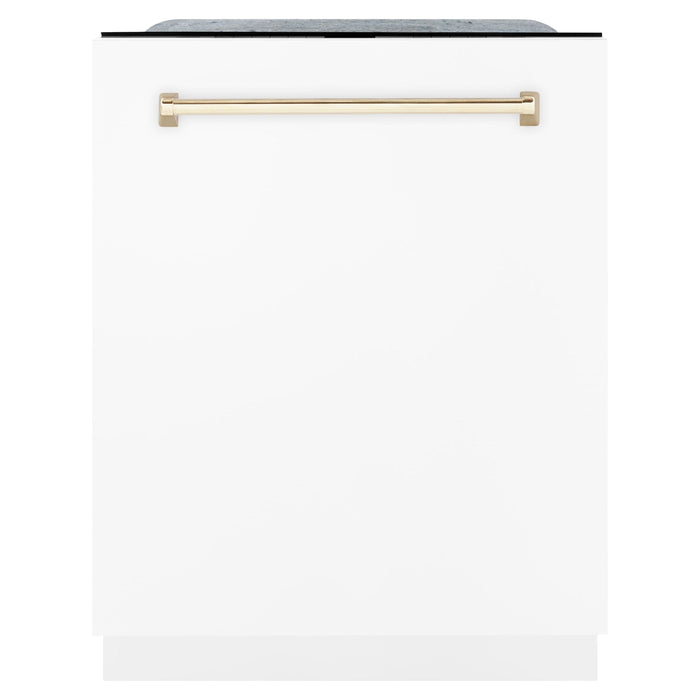 ZLINE Autograph Edition 24 inch Tall Dishwasher, Touch Control, in White Matte with Gold Handle, DWMTZ-WM-24-G