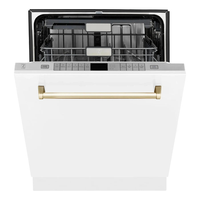 ZLINE Autograph Edition 24 inch Tall Dishwasher, Touch Control, in White Matte with Gold Handle, DWMTZ-WM-24-G