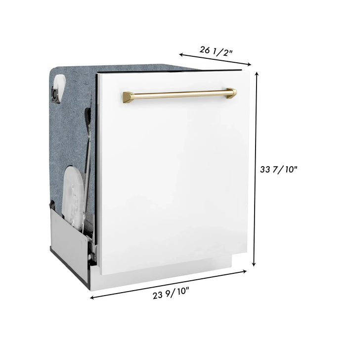 ZLINE Autograph Edition 24 inch Tall Dishwasher, Touch Control, in White Matte with Gold Handle, DWMTZ-WM-24-G