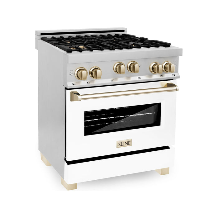 ZLINE Autograph Edition 30 in. 4.0 cu. ft. Dual Fuel Range with Gas Burner and Gas Oven with White Matte Door and Gold Accents RGZ-WM-30-G