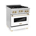 ZLINE Autograph Edition 30 in. 4.0 cu. ft. Dual Fuel Range with Gas Burner and Gas Oven with White Matte Door and Gold Accents RGZ-WM-30-G