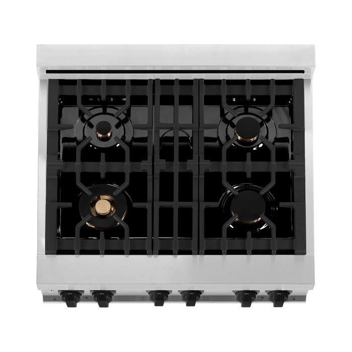 ZLINE Autograph Edition 30 in. 4.0 cu. ft. Gas Range In Stainless Steel with White Matte Door and Matte Black Accents RGZ-WM-30-MB