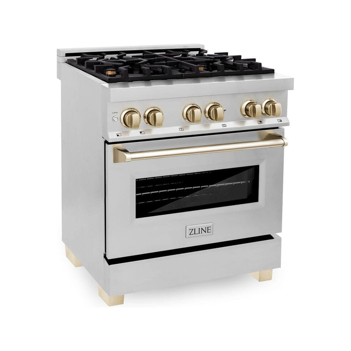 ZLINE Autograph Edition 30 in. 4.0 cu. ft. Range with Gas Burner and Electric Oven In Stainless Steel with Gold Accents RAZ-30-G