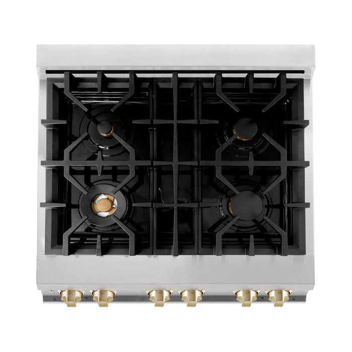 ZLINE Autograph Edition 30 in. 4.0 cu. ft. Range with Gas Burner and Electric Oven In Stainless Steel with Gold Accents RAZ-30-G