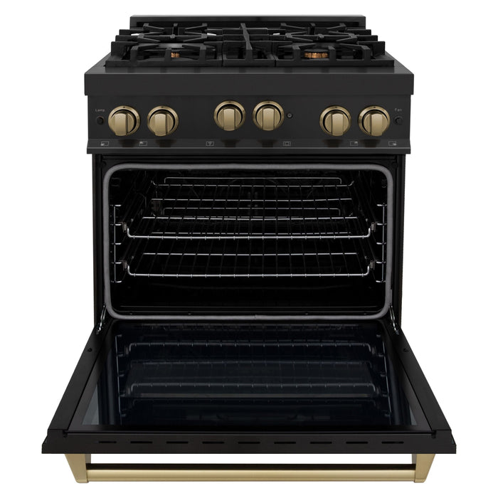 ZLINE Autograph Edition 30 in. 4.0 cu. ft. Range with Gas Burner and Gas Oven In Black Stainless Steel with Champagne Bronze Accents RGBZ-30-CB