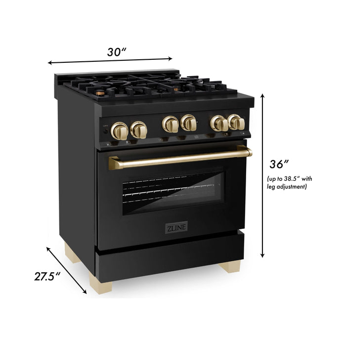 ZLINE Autograph Edition 30 in. 4.0 cu. ft. Range with Gas Burner and Gas Oven In Black Stainless Steel with Gold Accents RGBZ-30-G