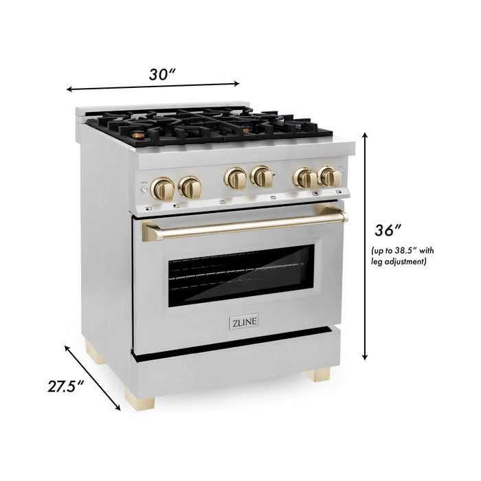 ZLINE Autograph Edition 30 in. 4.0 cu. ft. Range with Gas Burner and Gas Oven In Stainless Steel with Gold Accents RGZ-30-G