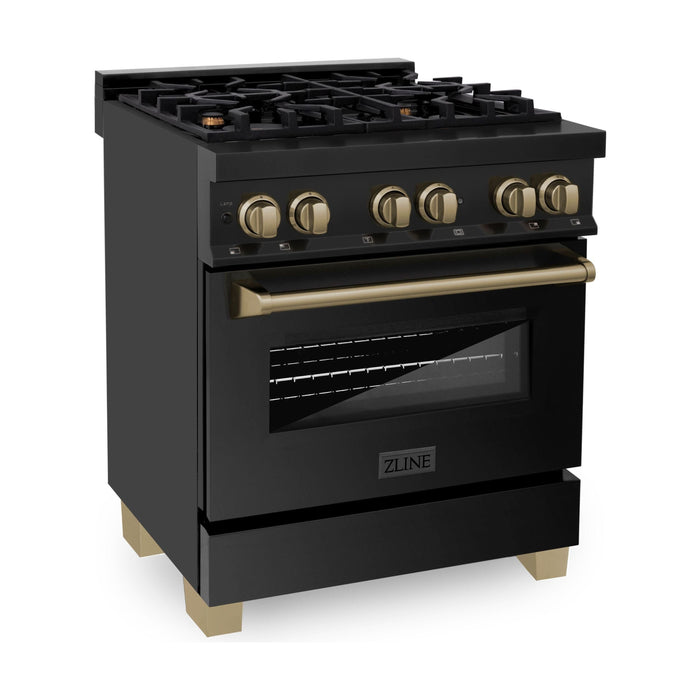 ZLINE Autograph Edition 30 In. 4.0 cu. ft. Range with Gas Stove and Electric Oven In Black Stainless Steel with Champagne Bronze Accents RABZ-30-CB