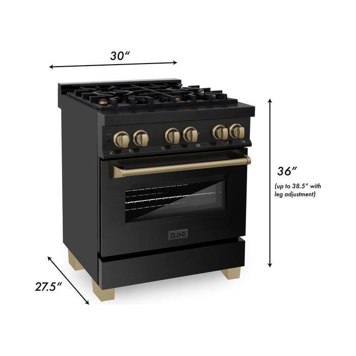 ZLINE Autograph Edition 30 In. 4.0 cu. ft. Range with Gas Stove and Electric Oven In Black Stainless Steel with Champagne Bronze Accents RABZ-30-CB