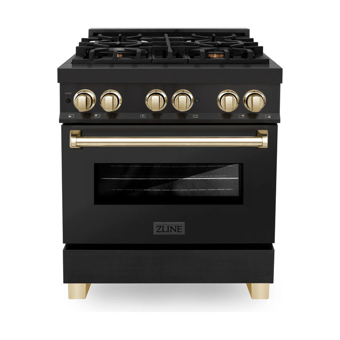 ZLINE Autograph Edition 30 In. 4.0 cu. ft. Range with Gas Stove and Electric Oven In Black Stainless Steel with Gold Accents RABZ-30-G