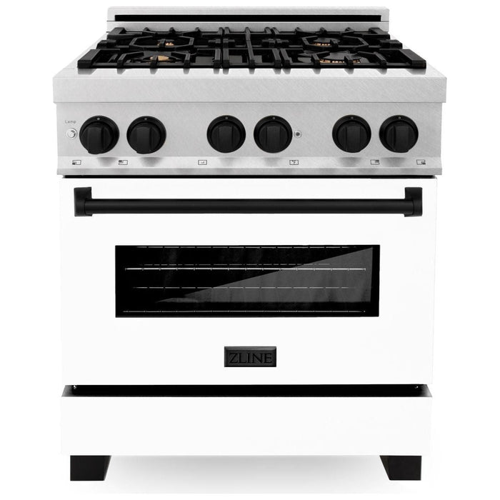 ZLINE Autograph Edition 30 in. 4.0 cu. ft. Range with Gas Stove and Electric Oven In DuraSnow with White Matte Door and Matte Black Accents RASZ-WM-30-MB