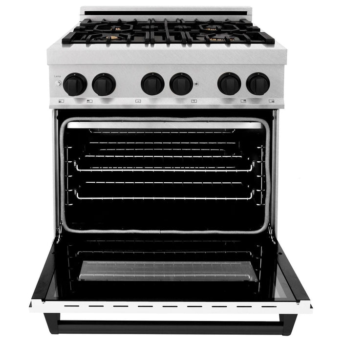 ZLINE Autograph Edition 30 in. 4.0 cu. ft. Range with Gas Stove and Electric Oven In DuraSnow with White Matte Door and Matte Black Accents RASZ-WM-30-MB