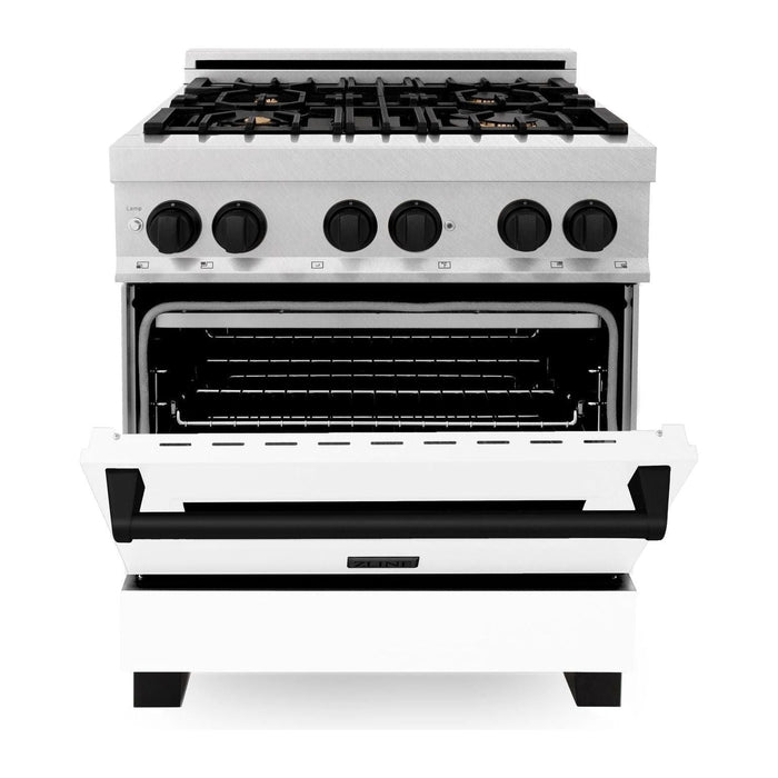 ZLINE Autograph Edition 30 in. 4.0 cu. ft. Range with Gas Stove and Electric Oven In DuraSnow with White Matte Door and Matte Black Accents RASZ-WM-30-MB