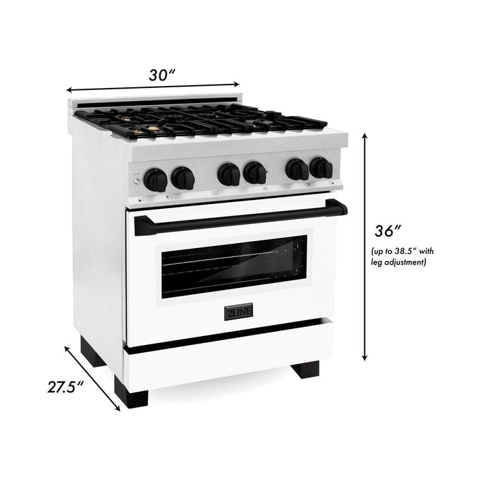 ZLINE Autograph Edition 30 in. 4.0 cu. ft. Range with Gas Stove and Electric Oven In DuraSnow with White Matte Door and Matte Black Accents RASZ-WM-30-MB