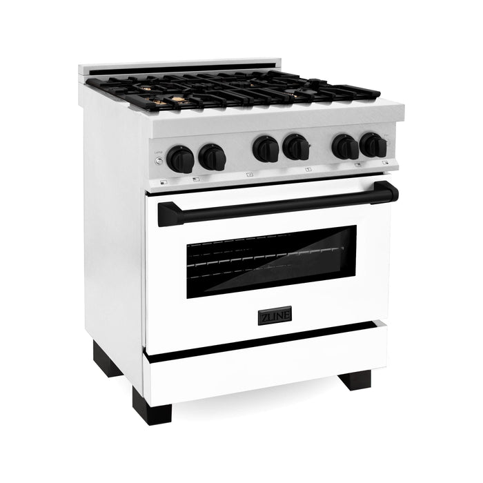 ZLINE Autograph Edition 30 in. 4.0 cu. ft. Range with Gas Stove and Gas Oven In DuraSnow with White Matte Door and Matte Black Accents RGSZ-WM-30-MB