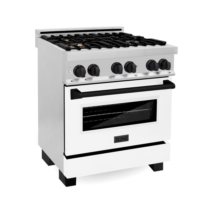 ZLINE Autograph Edition 30 in. Dual Fuel Range with Gas Stove and Electric Oven with White Matte Door and Matte Black Accents RAZ-WM-30-MB