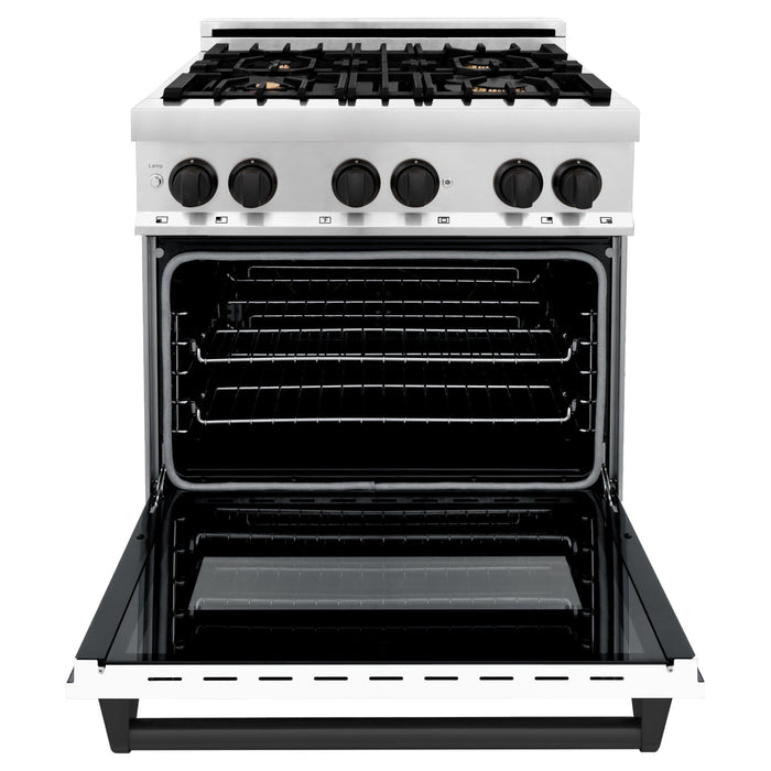 ZLINE Autograph Edition 30 in. Dual Fuel Range with Gas Stove and Electric Oven with White Matte Door and Matte Black Accents RAZ-WM-30-MB