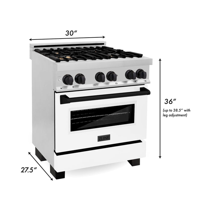 ZLINE Autograph Edition 30 in. Dual Fuel Range with Gas Stove and Electric Oven with White Matte Door and Matte Black Accents RAZ-WM-30-MB