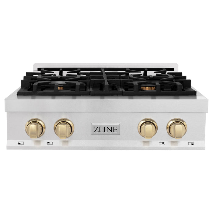 ZLINE Autograph Edition 30 in. Porcelain Rangetop with 4 Gas Burners In DuraSnow Stainless Steel and Gold Accents RTSZ-30-G