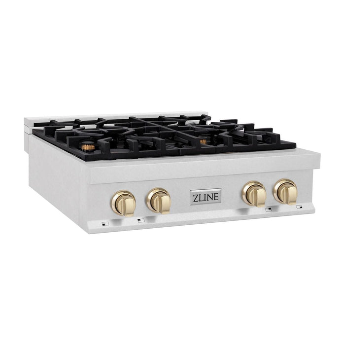 ZLINE Autograph Edition 30 in. Porcelain Rangetop with 4 Gas Burners In DuraSnow Stainless Steel and Gold Accents RTSZ-30-G