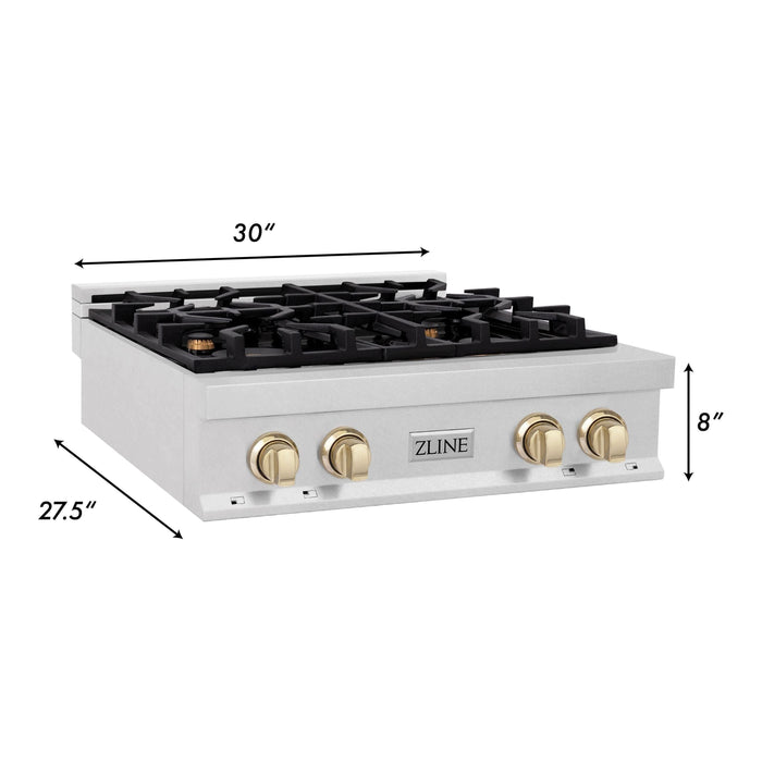 ZLINE Autograph Edition 30 in. Porcelain Rangetop with 4 Gas Burners In DuraSnow Stainless Steel and Gold Accents RTSZ-30-G