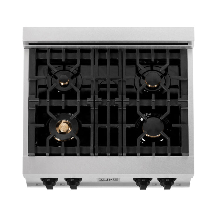 ZLINE Autograph Edition 30 in. Porcelain Rangetop with 4 Gas Burners In DuraSnow Stainless Steel and Matte Black Accents RTSZ-30-MB