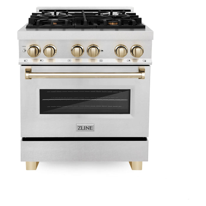 ZLINE Autograph Edition 30 in. Range with Gas Burner and Electric Oven In DuraSnow Stainless Steel with Gold Accents RASZ-SN-30-G