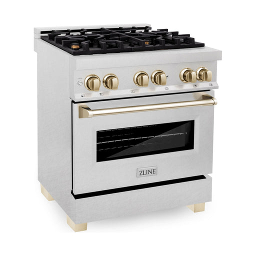 ZLINE Autograph Edition 30 in. Range with Gas Burner and Electric Oven In DuraSnow Stainless Steel with Gold Accents RASZ-SN-30-G