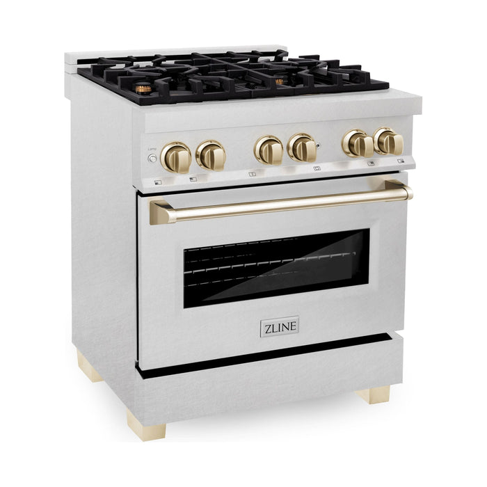 ZLINE Autograph Edition 30 in. Range with Gas Burner and Electric Oven In DuraSnow Stainless Steel with Gold Accents RASZ-SN-30-G