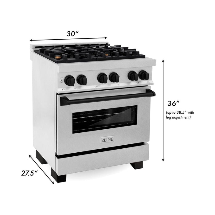 ZLINE Autograph Edition 30 in. Range with Gas Burner and Electric Oven In DuraSnow Stainless Steel with Matte Black Accents RASZ-SN-30-MB