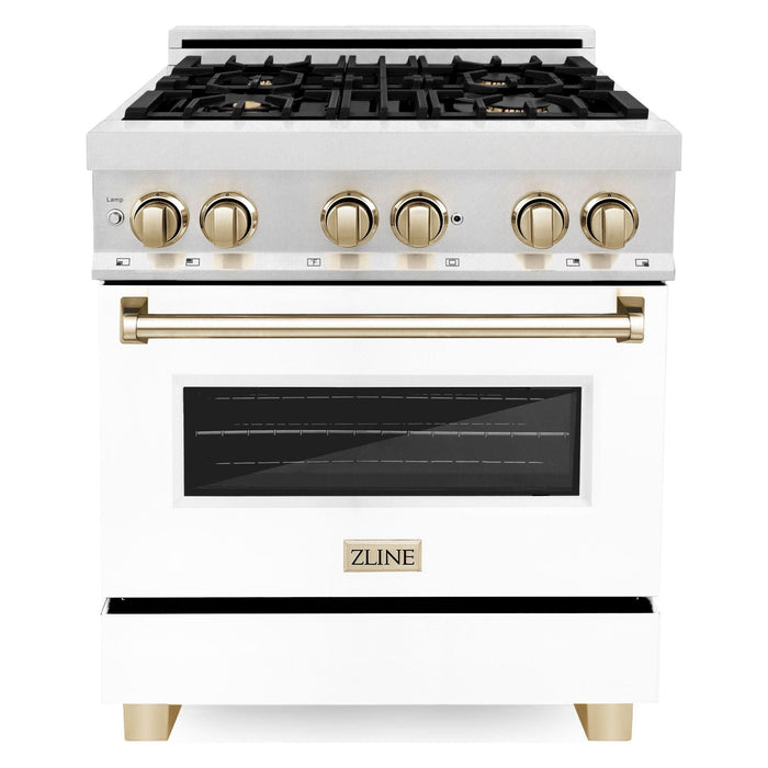 ZLINE Autograph Edition 30 in. Range with Gas Burner and Electric Oven In DuraSnow Stainless Steel with White Matte Door and Gold Accents RASZ-WM-30-G