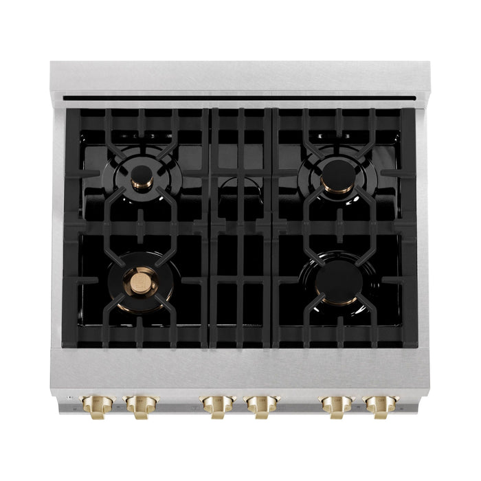 ZLINE Autograph Edition 30 in. Range with Gas Burner and Electric Oven In DuraSnow Stainless Steel with White Matte Door and Gold Accents RASZ-WM-30-G